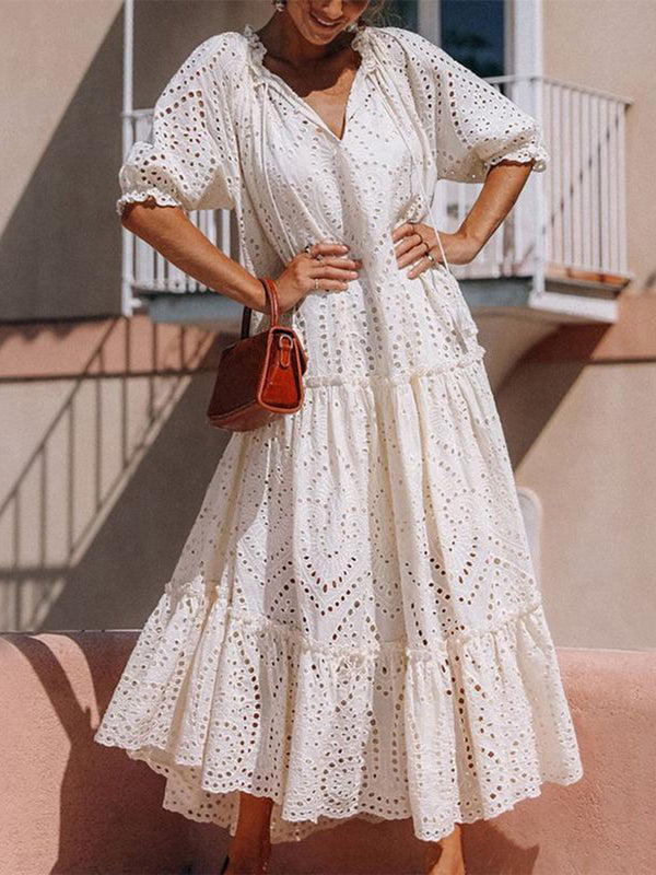 tie-neck-half-sleeve-tiered-dress Sophia's Trends - Sophia's Style-Ivory-S